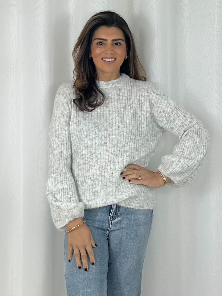 Balloon Sleeve Ribbed Round Neck Jumper (6 Colours)