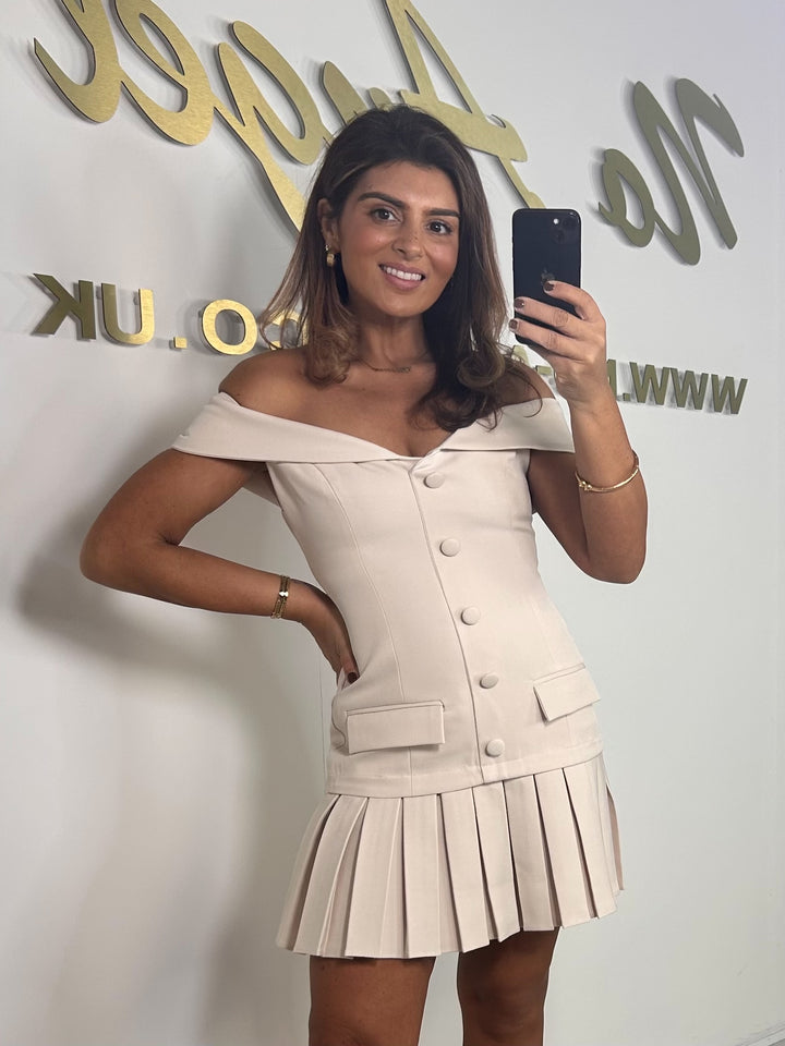 Cream Tailored Button Detail Pleated Mini Dress
