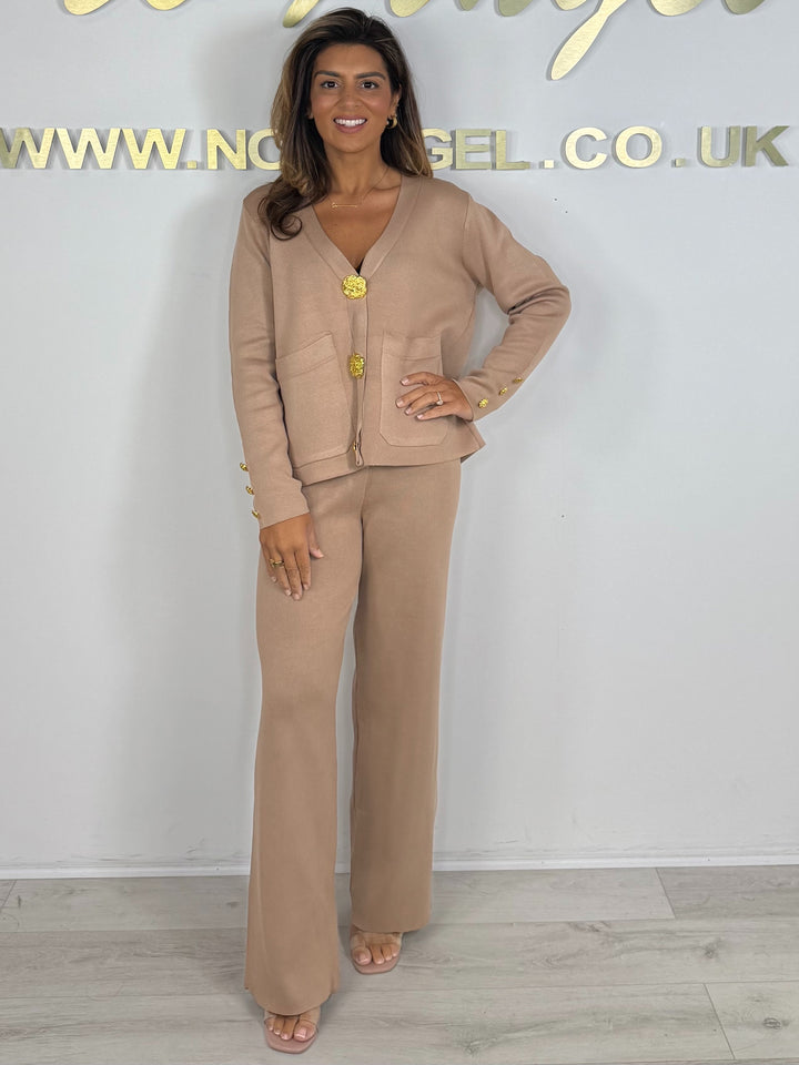 3 Gold Button V-Neck Flat Knit Trouser Co-ord (3 Colours)