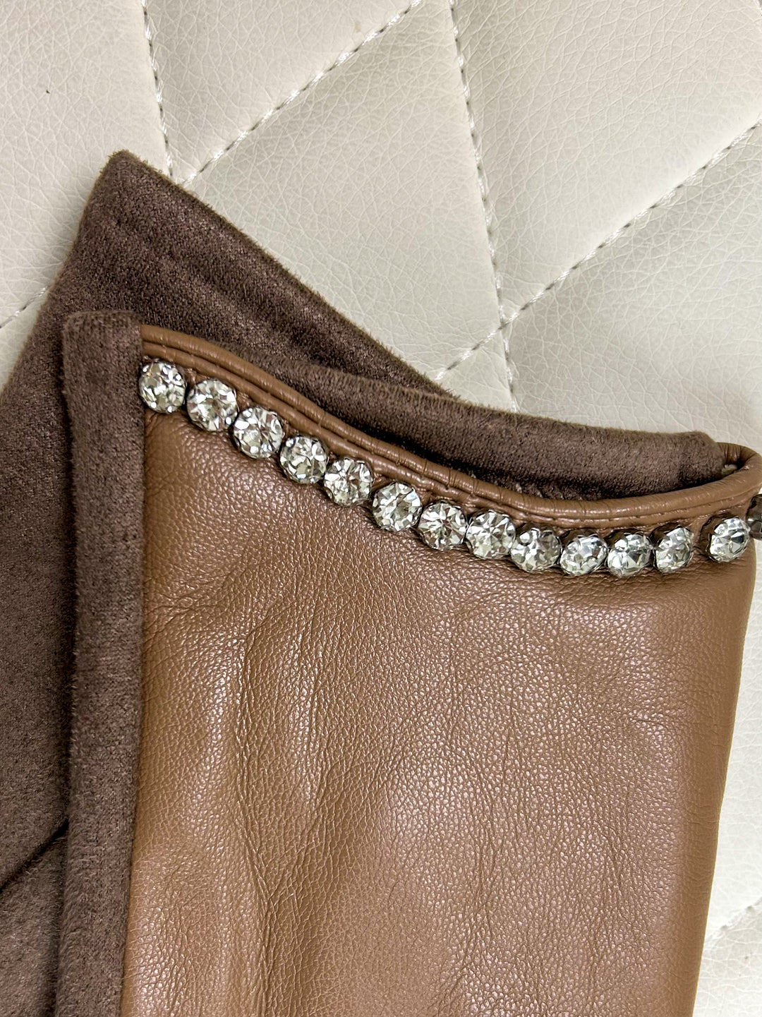Diamante Trim Faux Leather Gloves  (2 Colours)