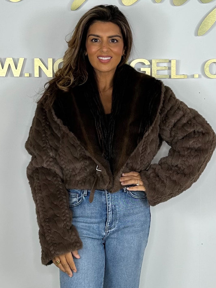 Cable Knit Faux Fur Collared Belted Cropped Jacket