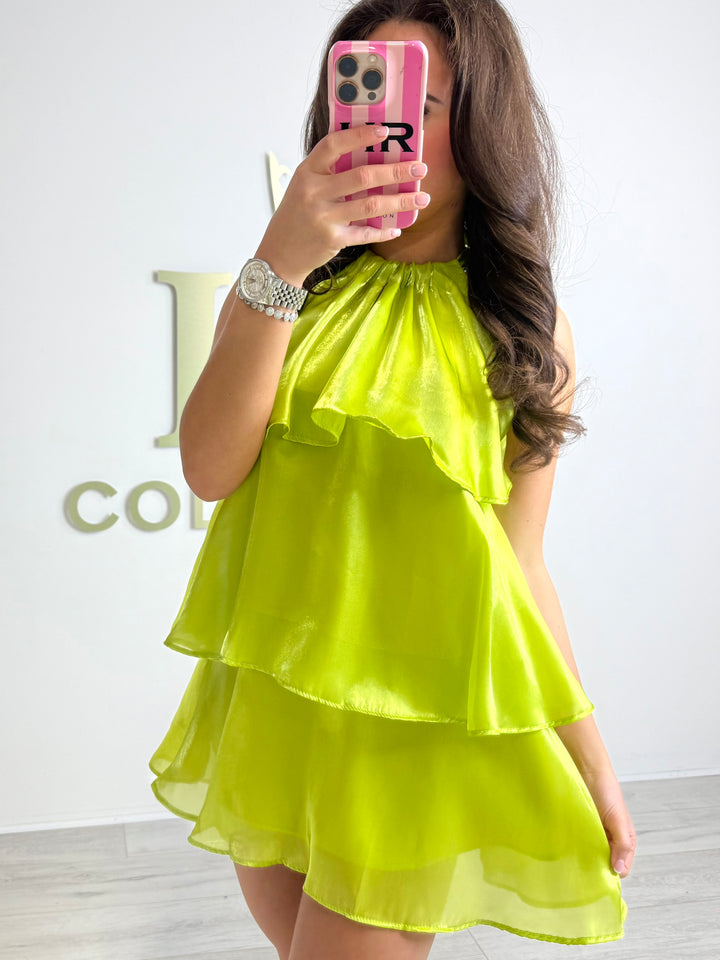 Lime Halter Neck Tiered Ruffle Mini Dress