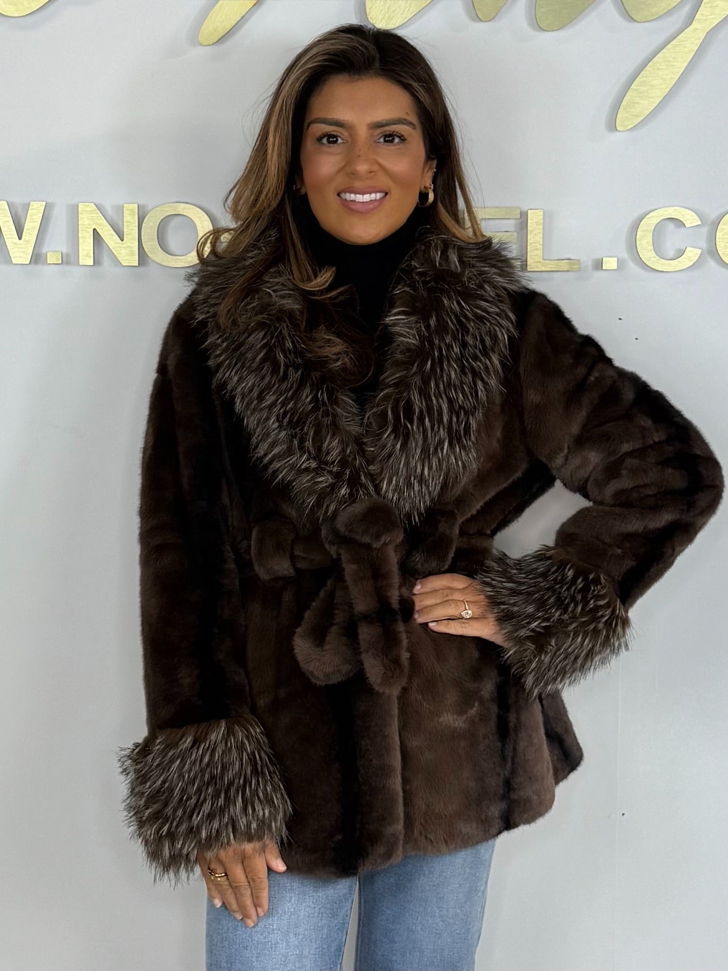 Brown/Black Faux Fur Cuffed Belted Coat – No Angel Clothing