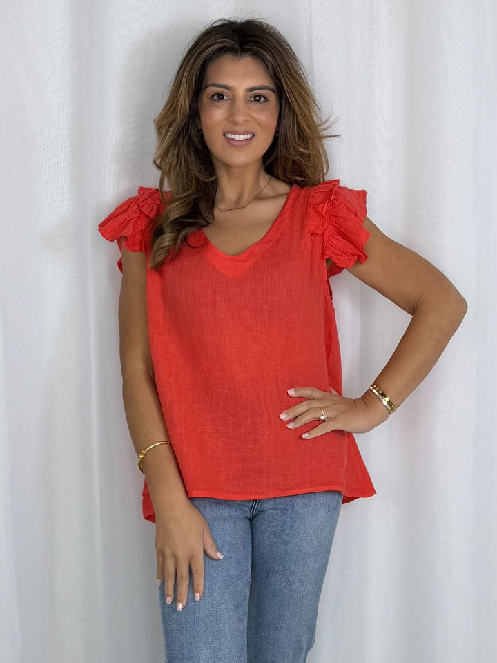 Linen V-Neck Frill Sleeve Top (8 Colours)