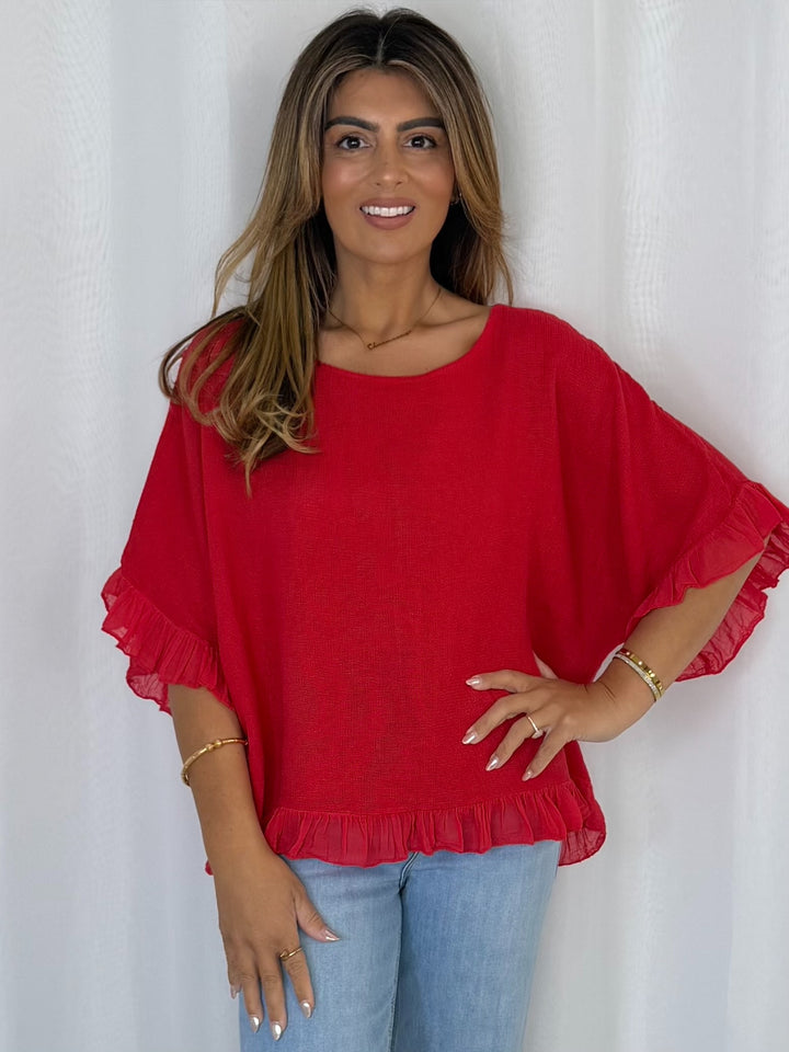 Frill Trim Batwing Top (10 Colours)