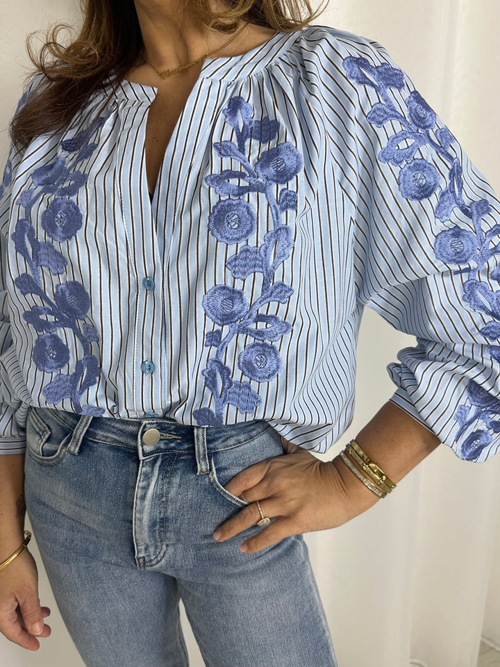 Flower Embroidered Pinstripe Shirt (2 Colours)
