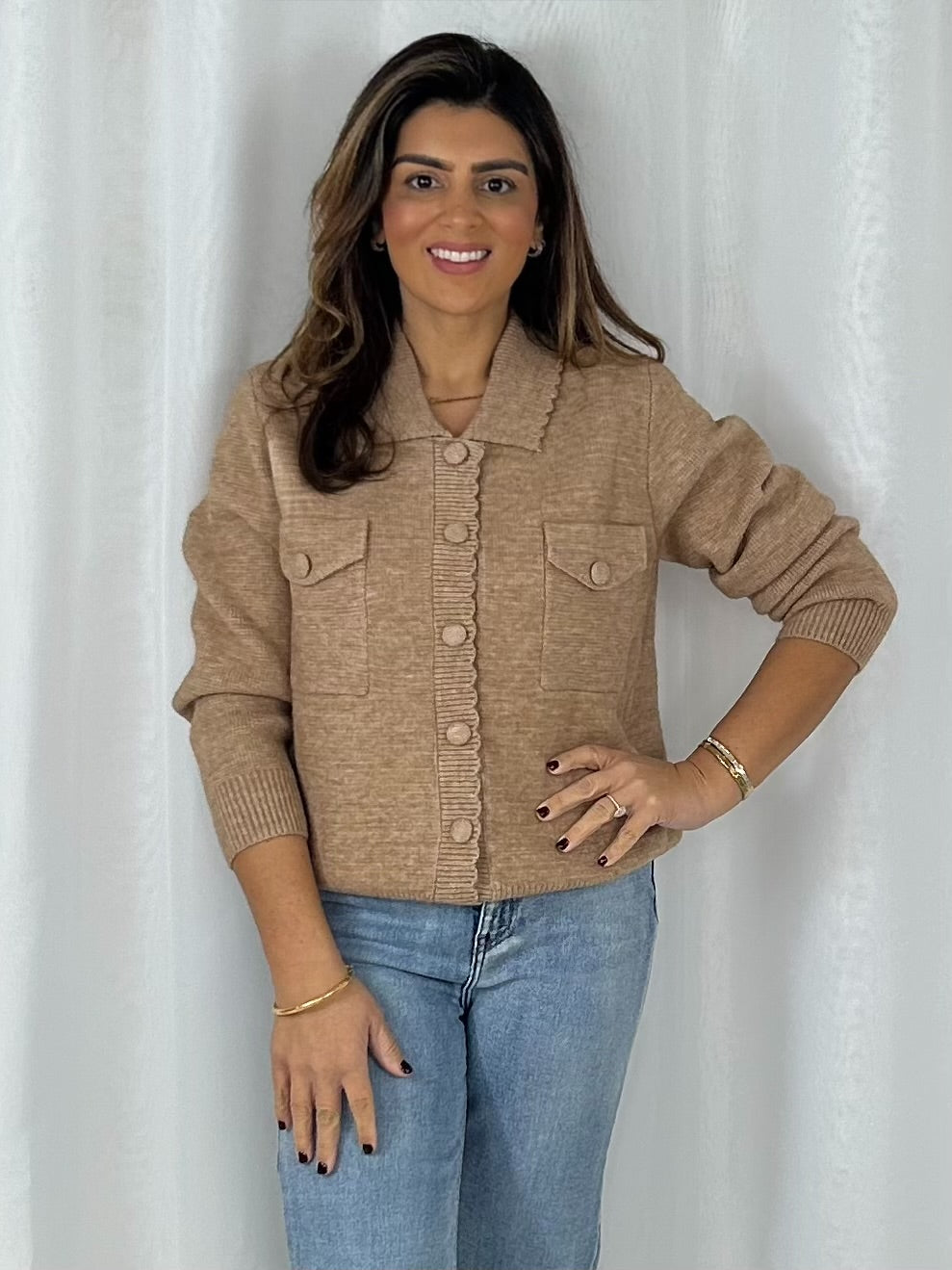 Collared Scalloped Edge Pocket Cardigan (3 Colours)