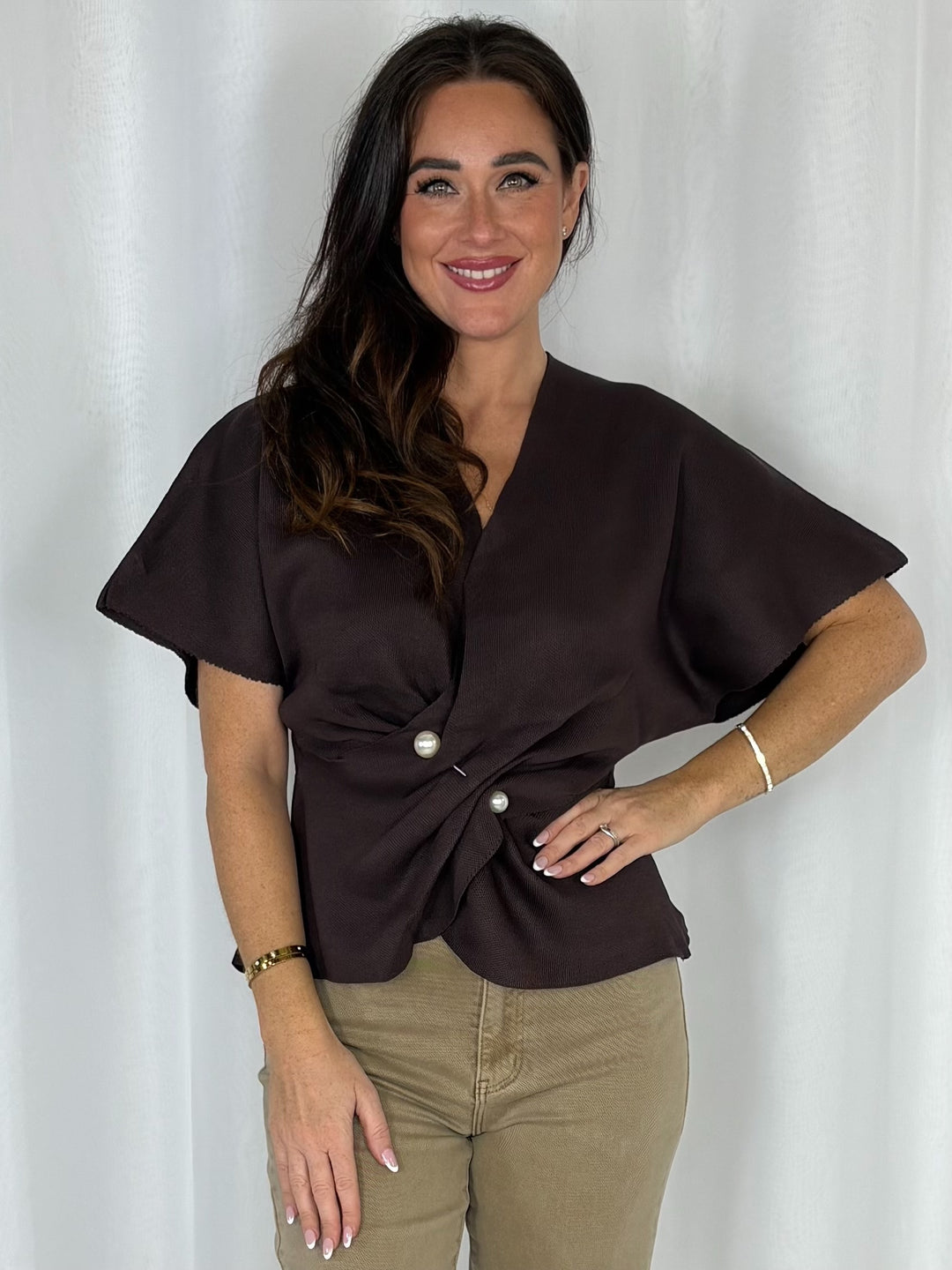 Kimono Style Sleeve Cinched In Pearl Detailed Top (5 Colours)