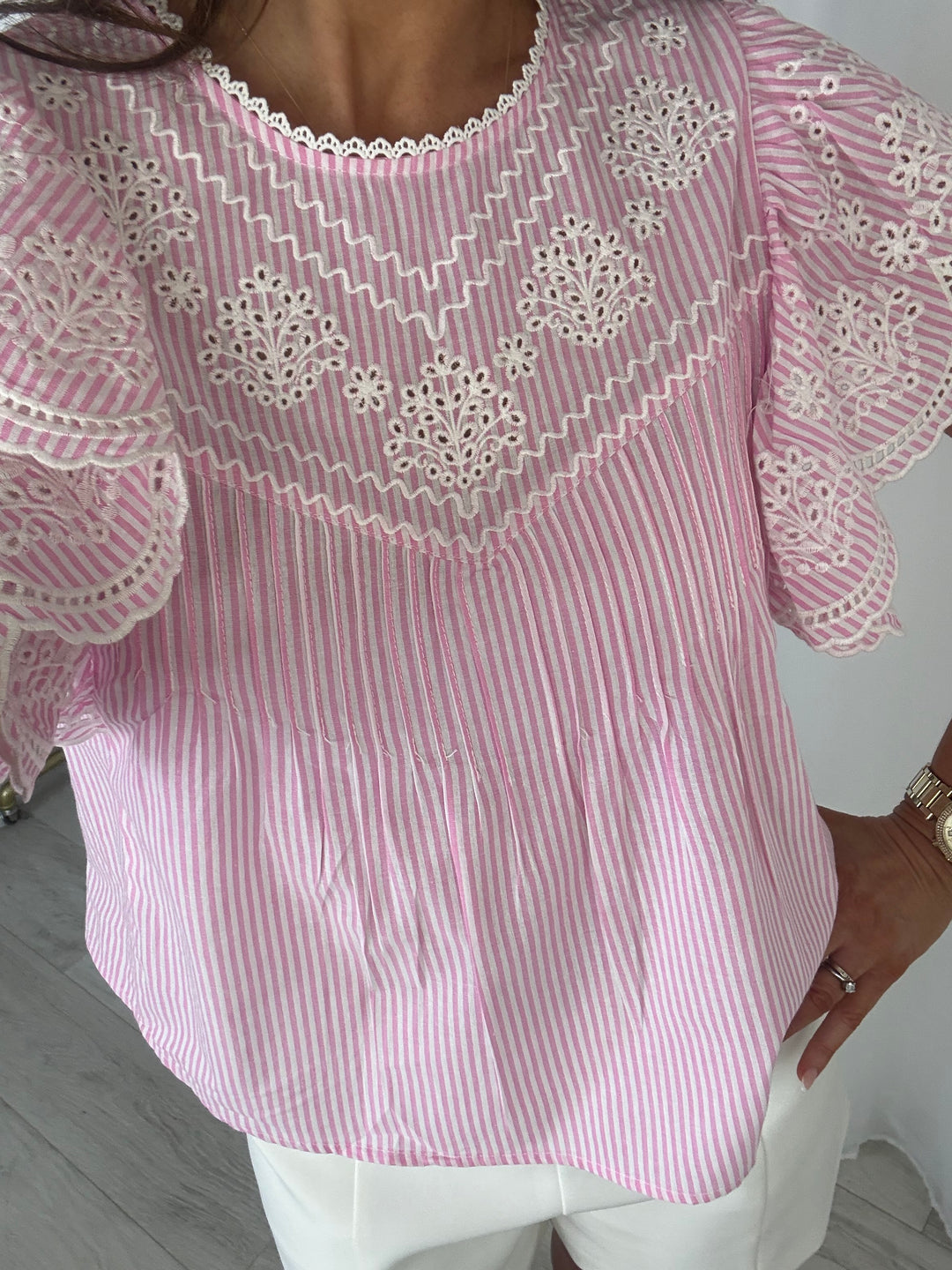 Pink Cut Out Frill Sleeve Blouse