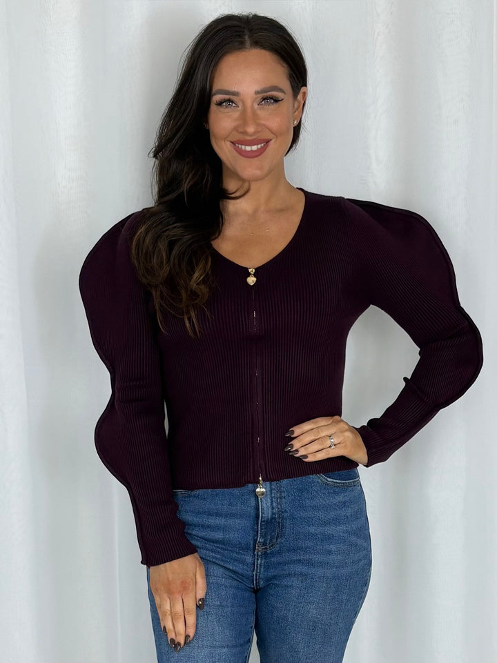 Dino Sleeve Ribbed Cardigan With Gold Heart Zip Detail (2 Colours)