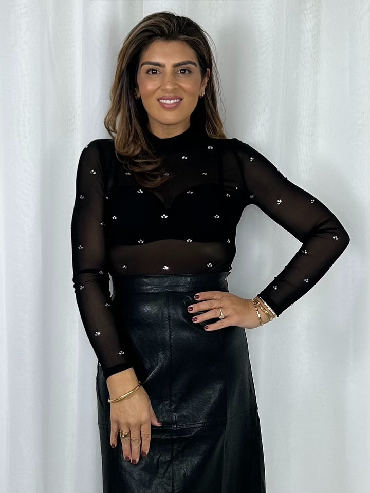 Sheer High Neck Scattered Jewelled Bodysuit (3 Colours)