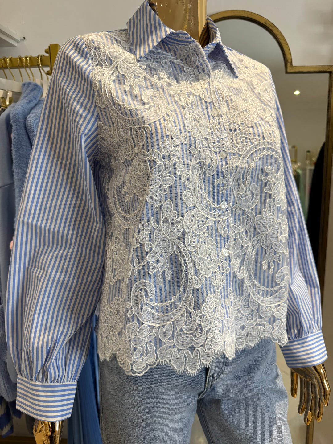 Blue & White Stripe Embroidery Anglaise Shirt