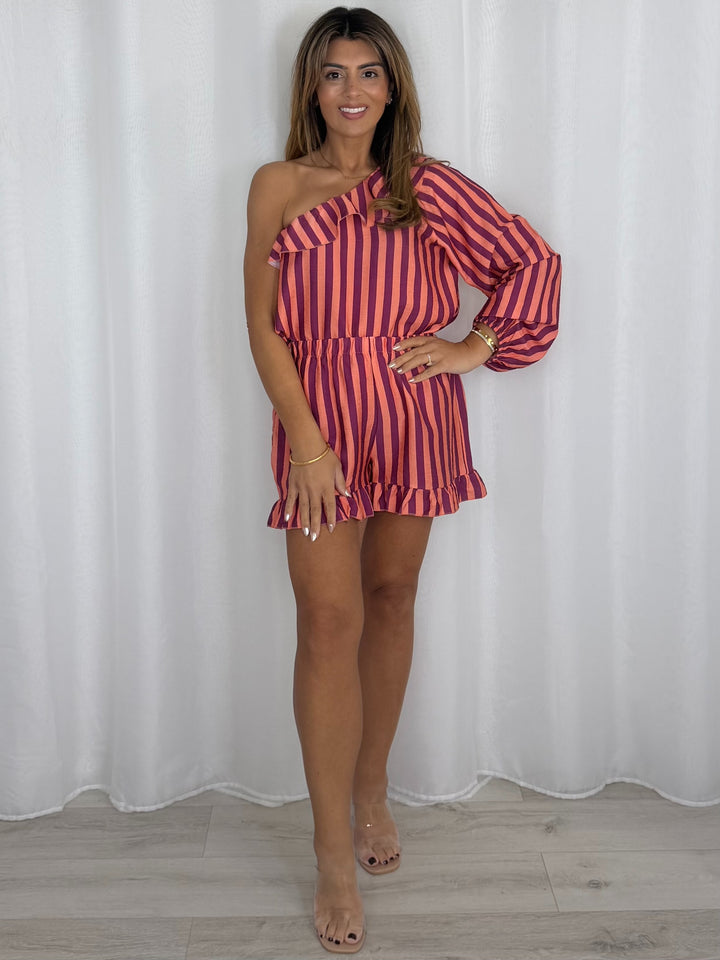 Striped One Shoulder Frill Trim Shorts Co-Ord (5 Colours)