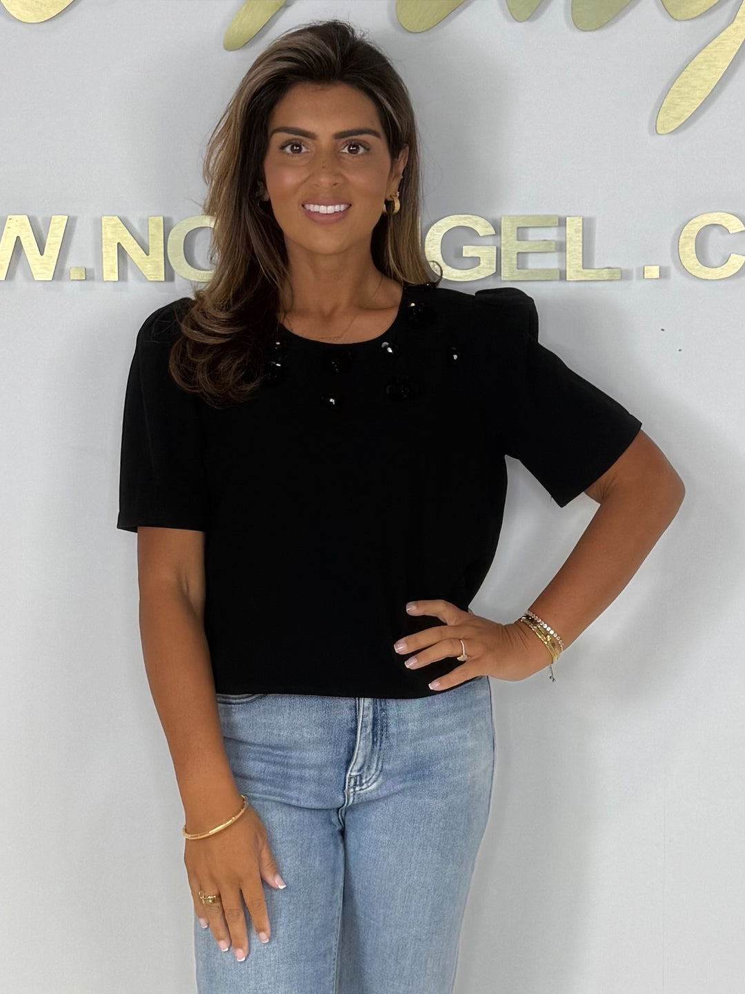 Short Puff Sleeve Sequin Flower Detail Top (4 Colours)