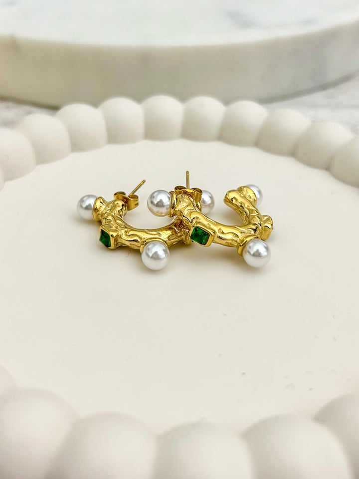 Chunky Emerald & Pearl Detailed Hoops