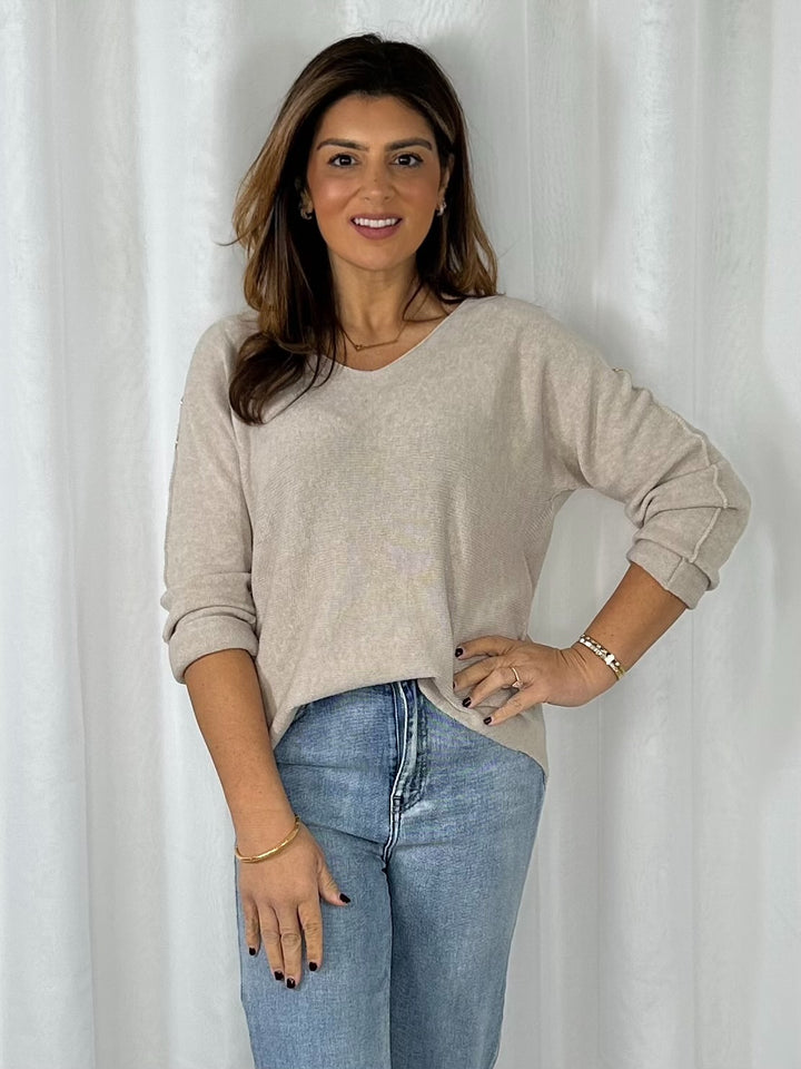 Soft Knit V-Neck Gold Button Sleeve Jumper (3 Colours)