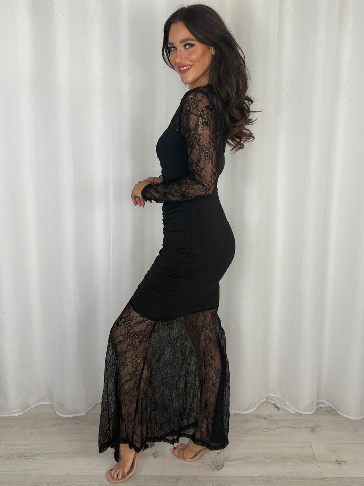 Black Floral Lace Ruched Mesh Maxi Dress