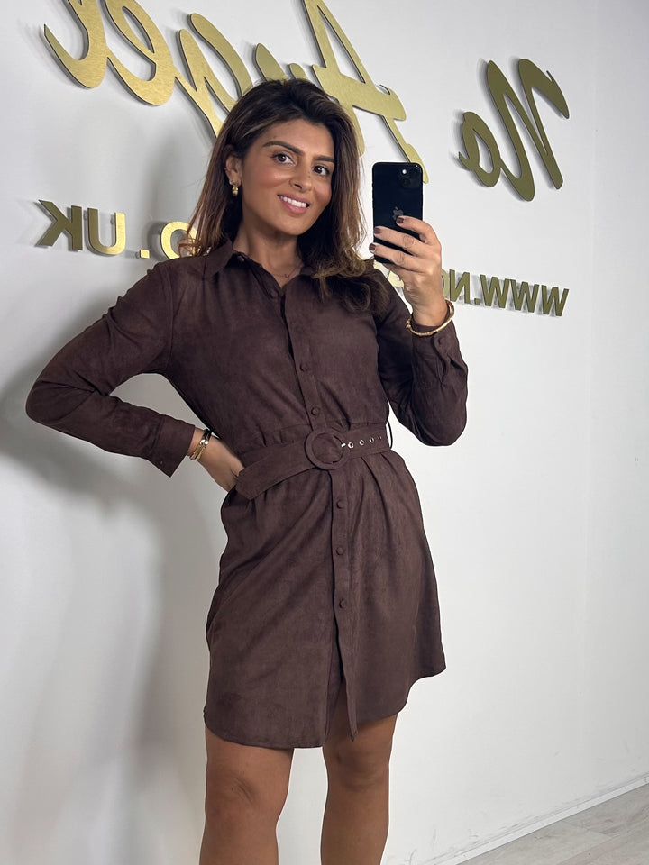 Brown Suede Collared Belted button Up Mini Dress