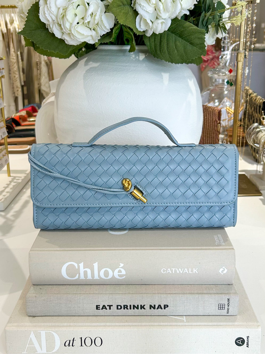Woven Rectangle Envelope Gold Rod Fasten Clutch Bag (10 Colours)