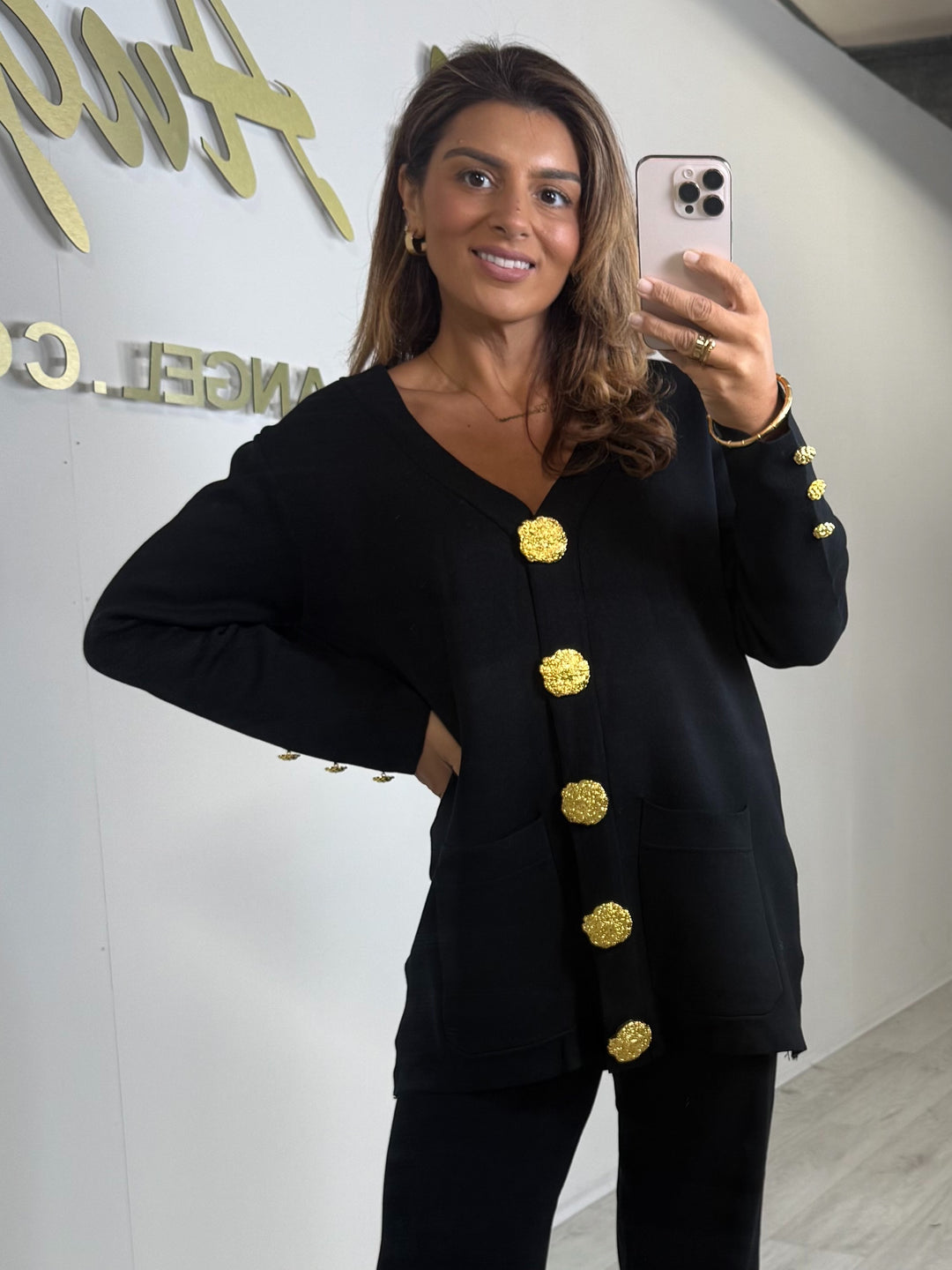 Black Gold Button Soft Knit Longline Trouser Co-Ord