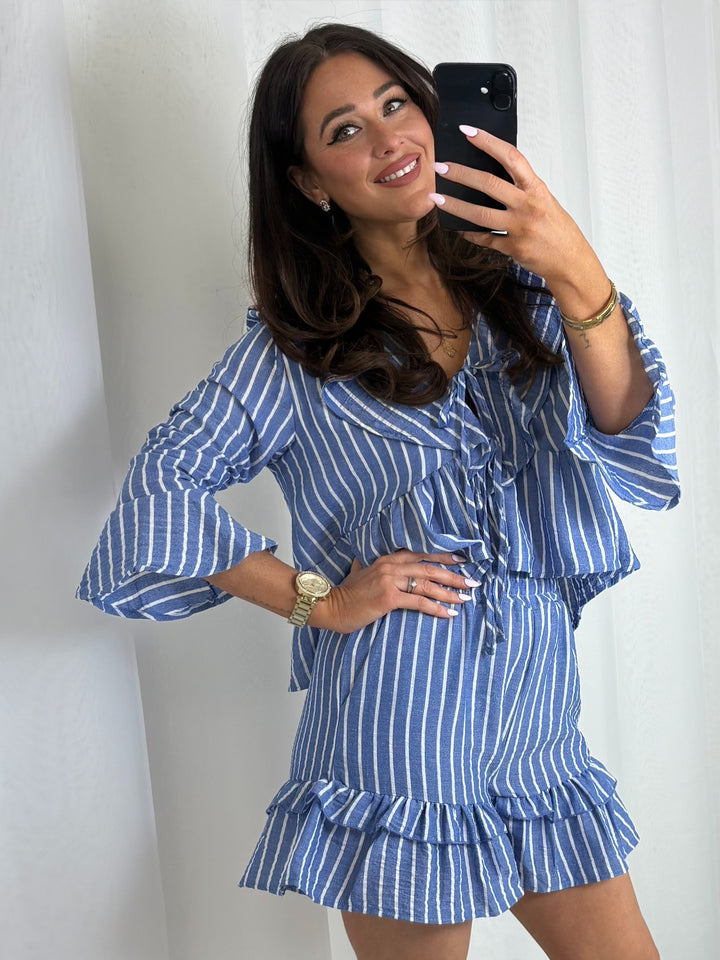 Striped Ruffle Tie Up Detail Bell Sleeve Top And Shorts Co-Ord (2 Colours)