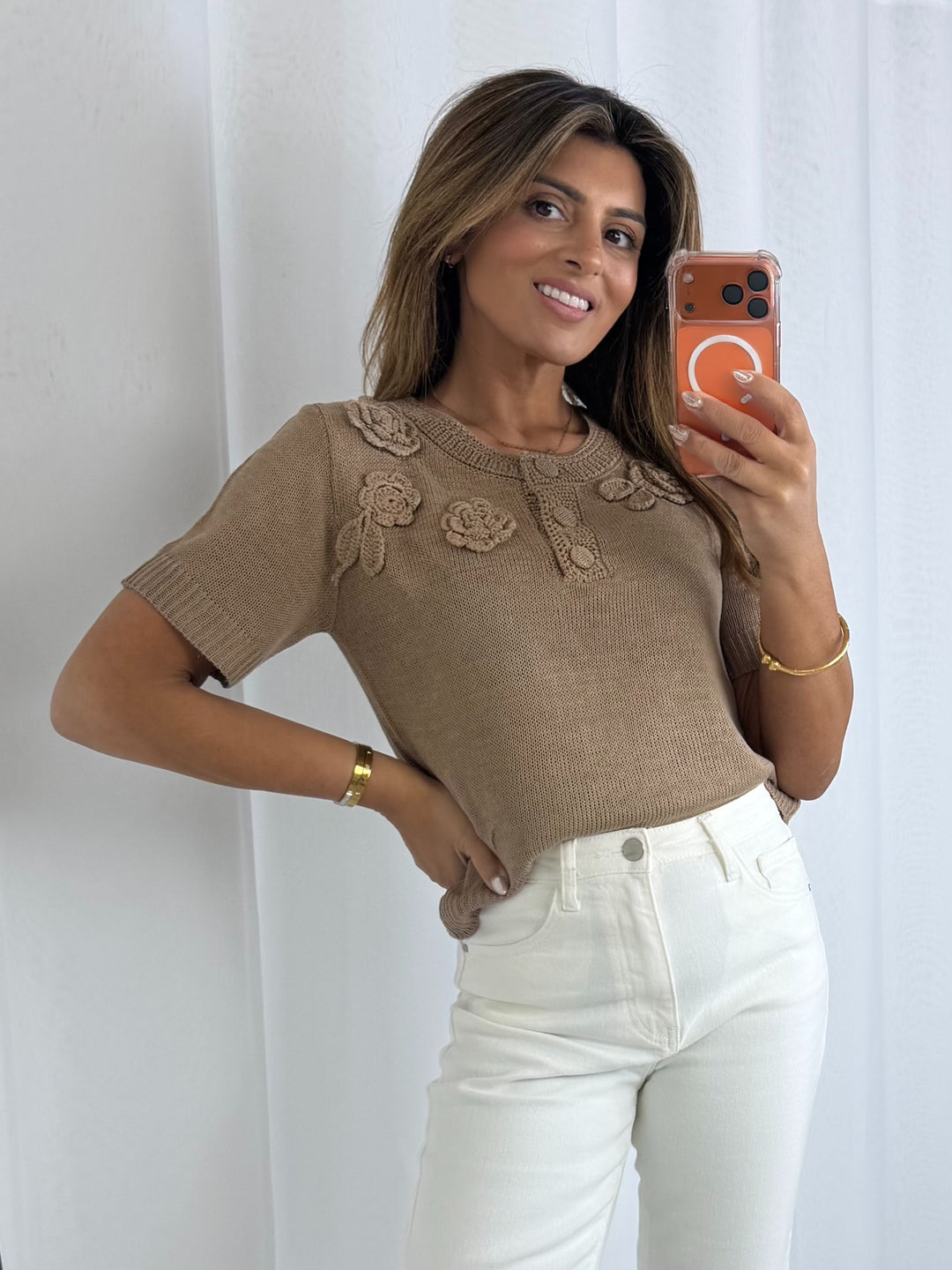 Flat Knit Flower Detail Short Sleeve Jumper (3 Colours)