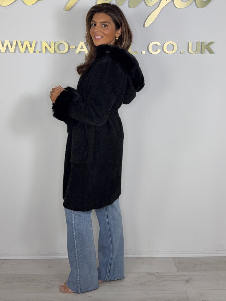 Faux Fur Trim Hooded , Belted Jacket (3 Colours)