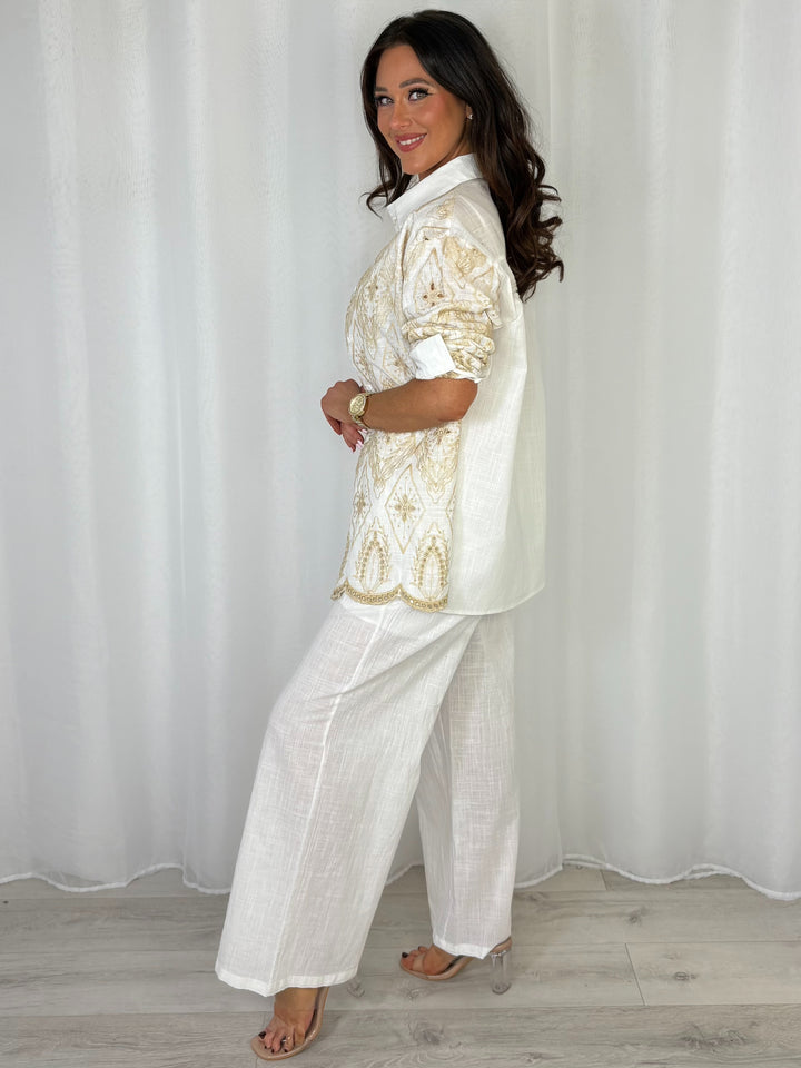 Embroidered 3 Piece Shirt Top And Trouser Co-Ord