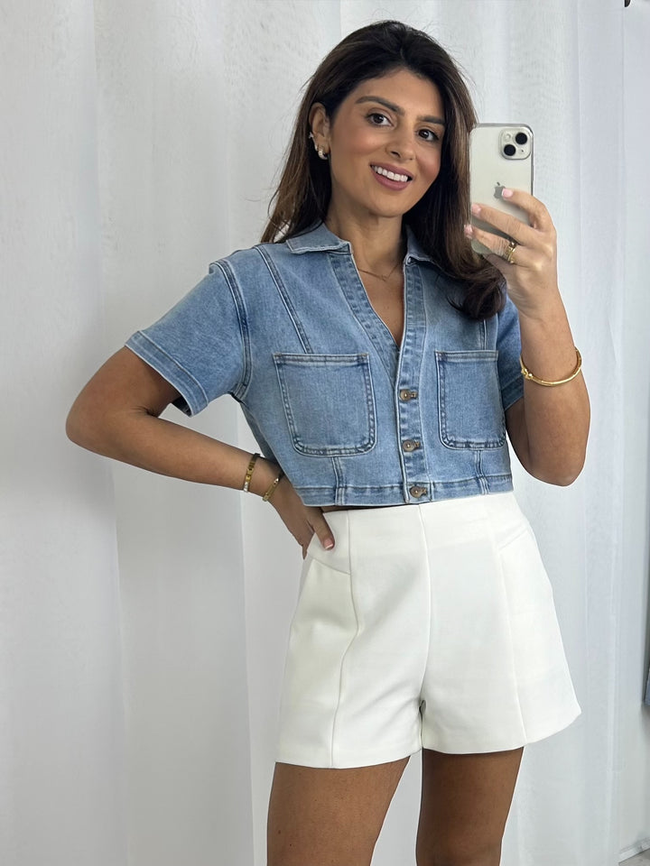 Short Sleeved Denim Cropped Top