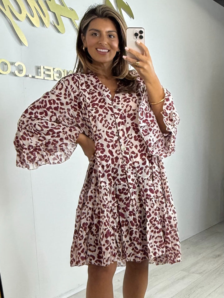 Leopard Print V-Neck Bell Sleeve Swing Dress (5 Colours)
