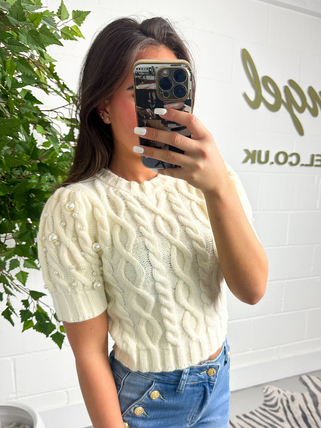Knitted Puff Sleeve Pearl Detail Cropped Jumper ( 2 colours )