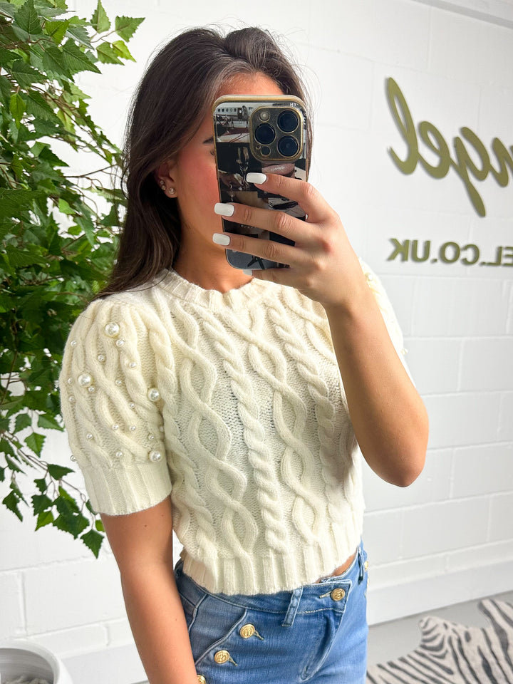 Knitted Puff Sleeve Pearl Detail Cropped Jumper ( 2 colours )