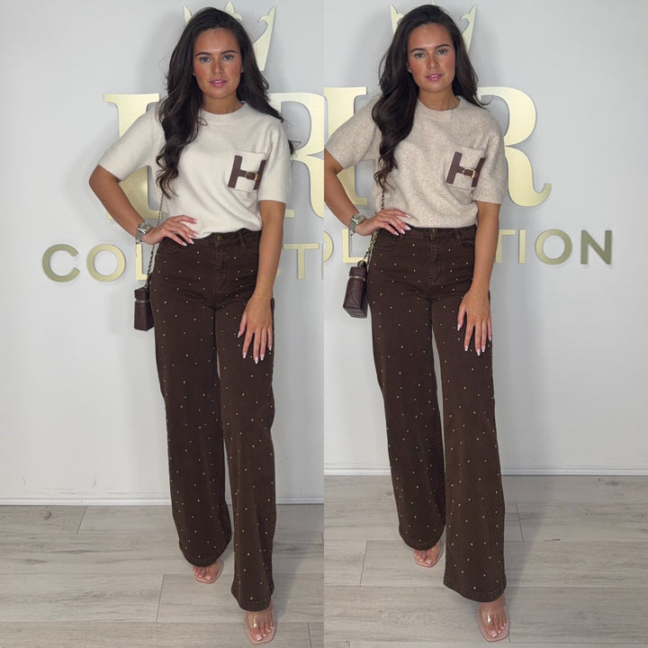 Fluffy Faux Leather H Pocket Short Sleeve Jumper (4 Colours)