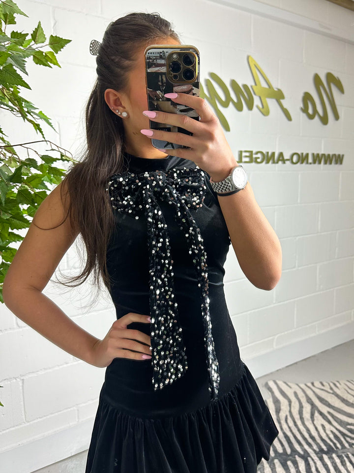 Velvet Puff Bottom Sequin Bow Mini Dress (3 Colours)