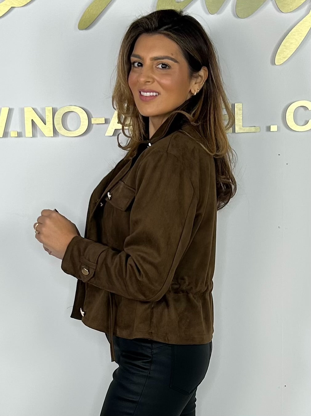 Brown Faux Suede Drawstring Gold Button Jacket