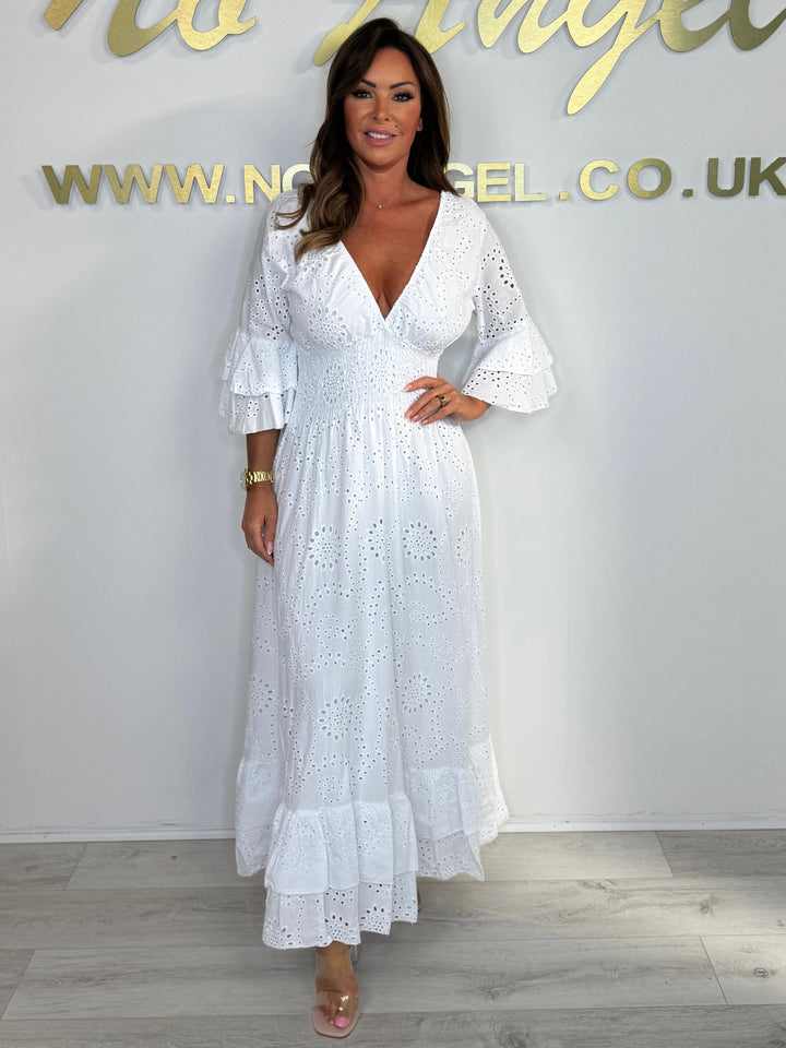V-Neck Embroidery Anglaise Maxi Dress (8 Colours)