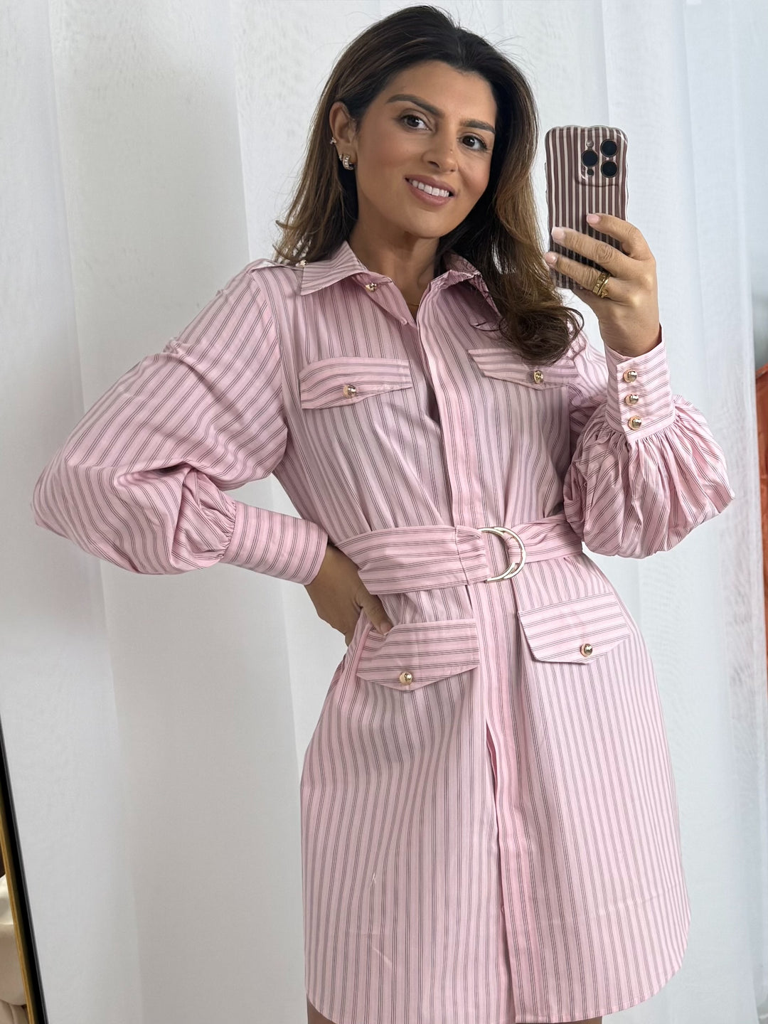 Pinstripe Gold Hardware Belted Shirt Dress ( 2 Colours)