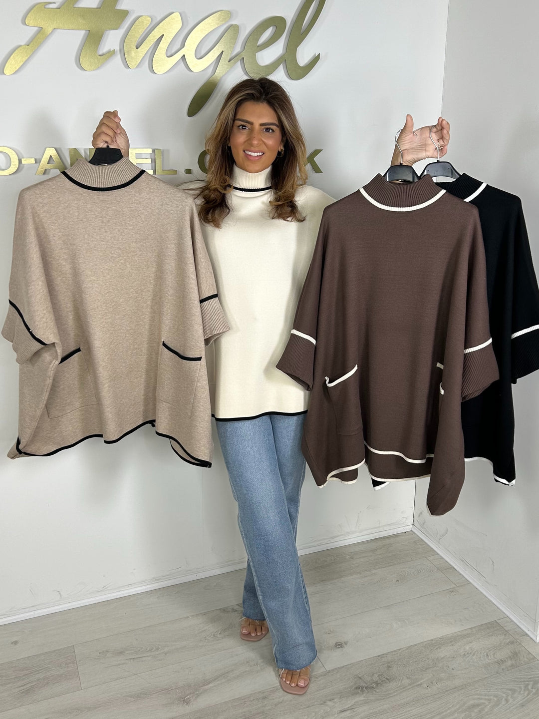 Trim Detail Soft Knit Batwing Double Pocket High Neck Jumper (4 Colours)