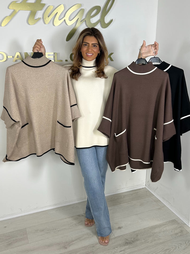 Trim Detail Soft Knit Batwing Double Pocket High Neck Jumper (4 Colours)