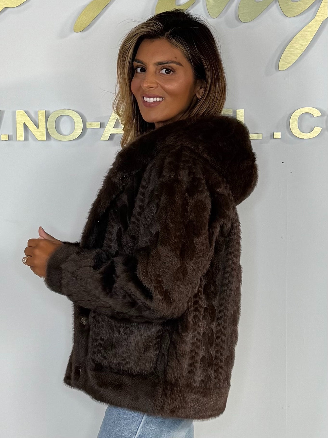 Faux Fur Cable Design Button Up Hooded Coat (2 Colours)