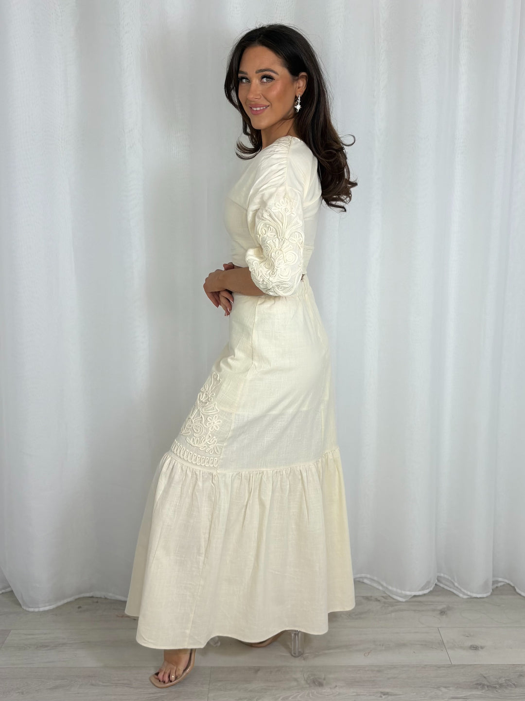Puff Ball Sleeve Embroidered V-Neck Top And Maxi Skirt Co-Ord (4 Colours)