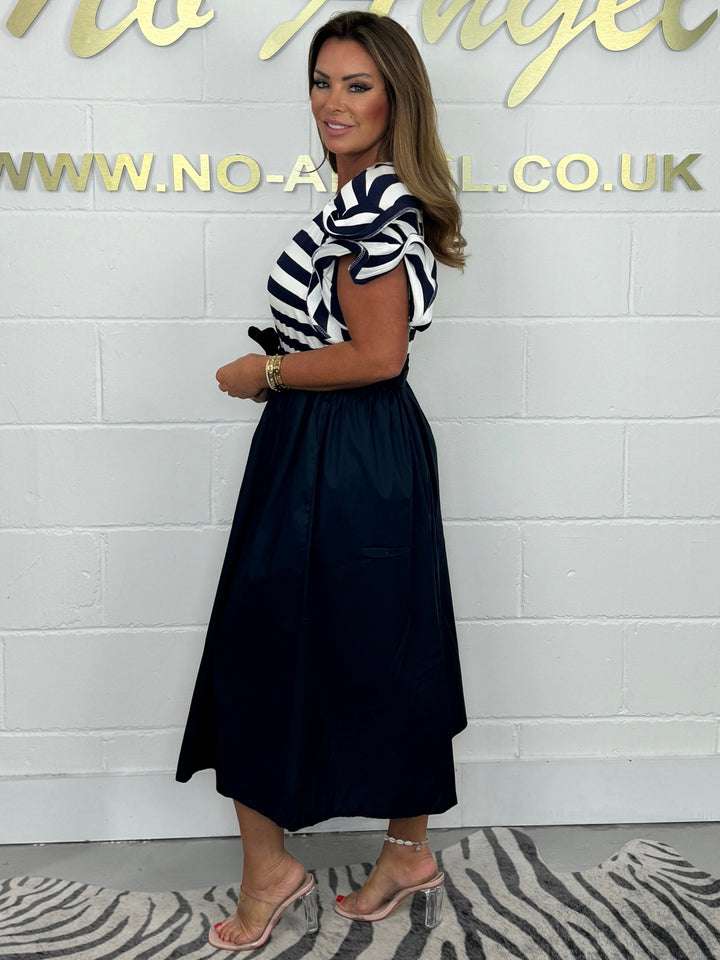 Ruffle Sleeve Striped T-Shirt Style Midi Dress ( 2 colours )