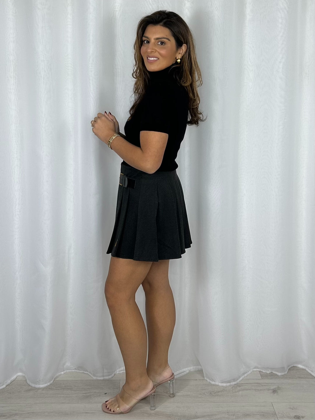 Charcoal Thick Belted Pleated Skort