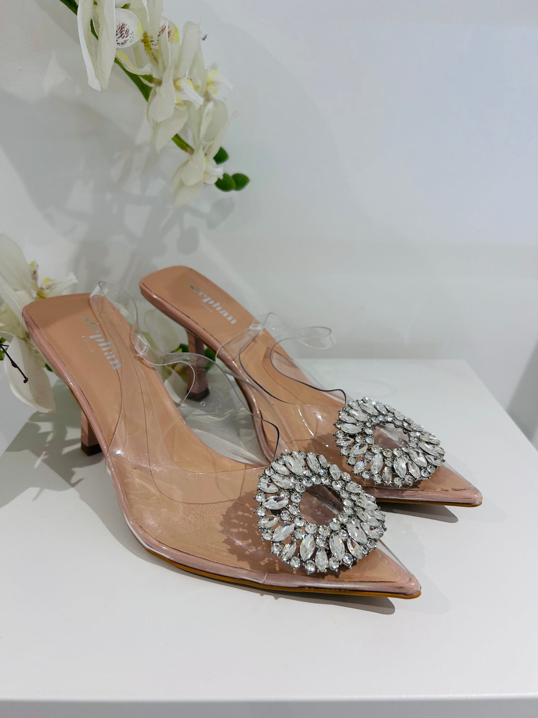 Pointed Clear Toe Nude Diamante Circle Heels