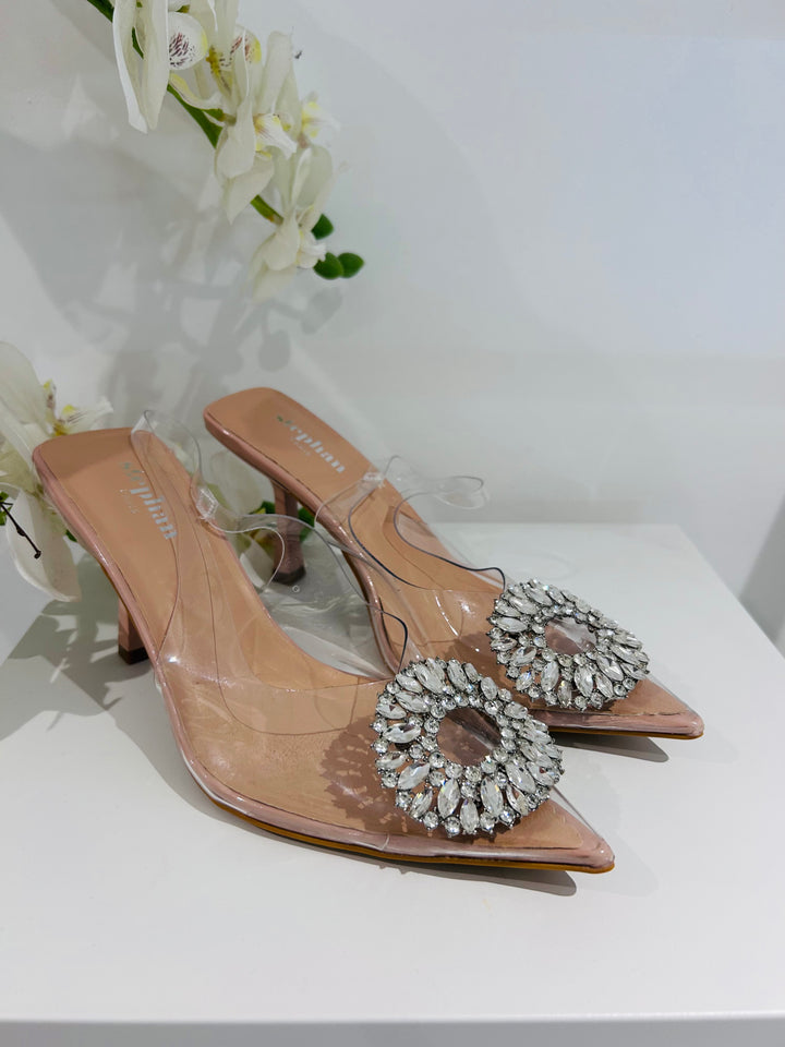 Pointed Clear Toe Nude Diamante Circle Heels