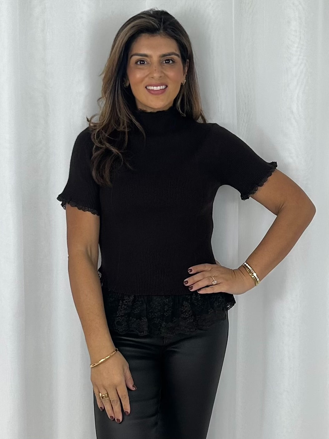 Lace Trim Ribbed High Neck Short Sleeve Top (4 Colours)