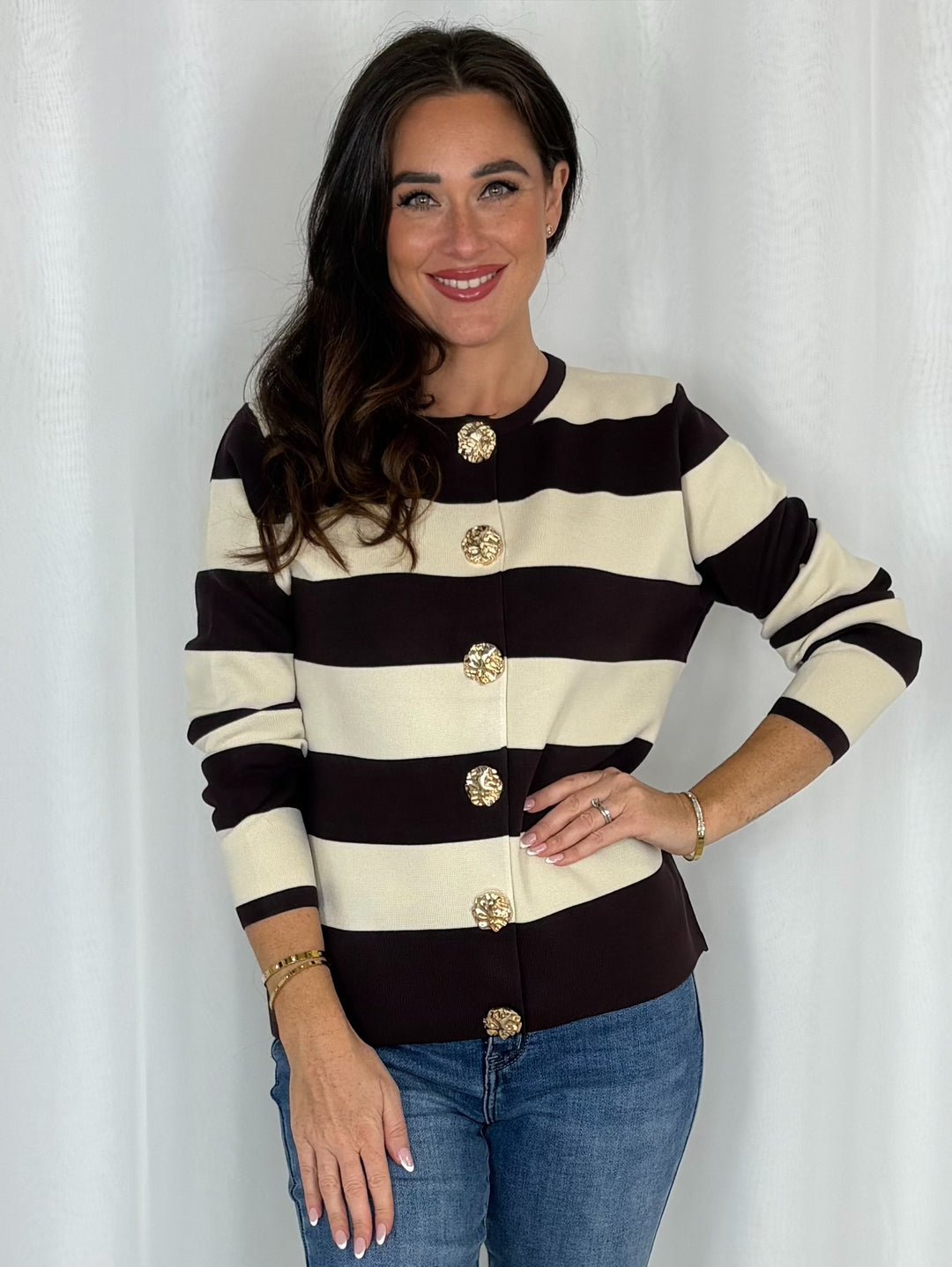 Gold Button Striped Cardigan (2 Colours)
