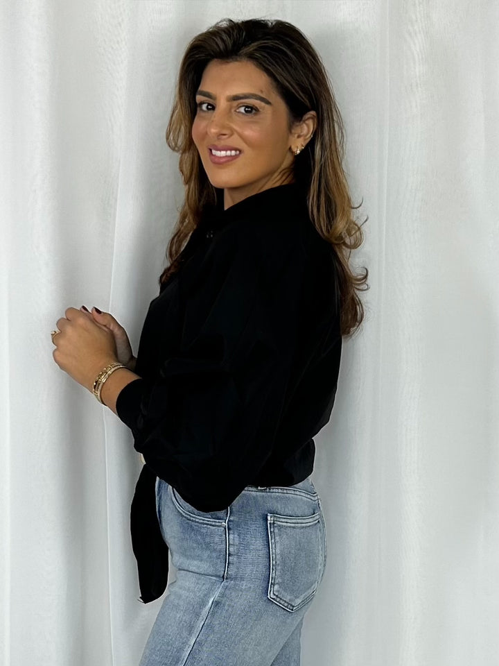 Collared Balloon Sleeve Gold Hardware Tie Front Shirt (4 Colours)