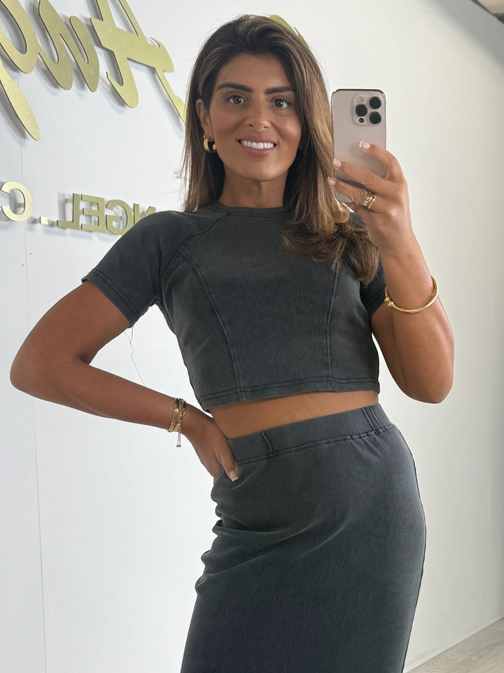 Acid Grey Short Sleeve Cropped Top And Pencil Skirt Co-ord