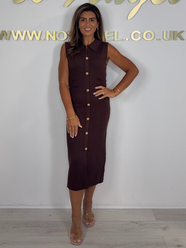 Soft Knit Collared Gold Button Ruched Side Midi Dress (2 Colours)